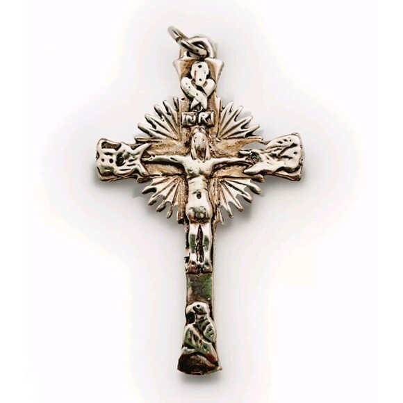 925 Sterling Silver Large Vintage Old Crucifix Cross Rays Religious Pendant - Picture 1 of 4